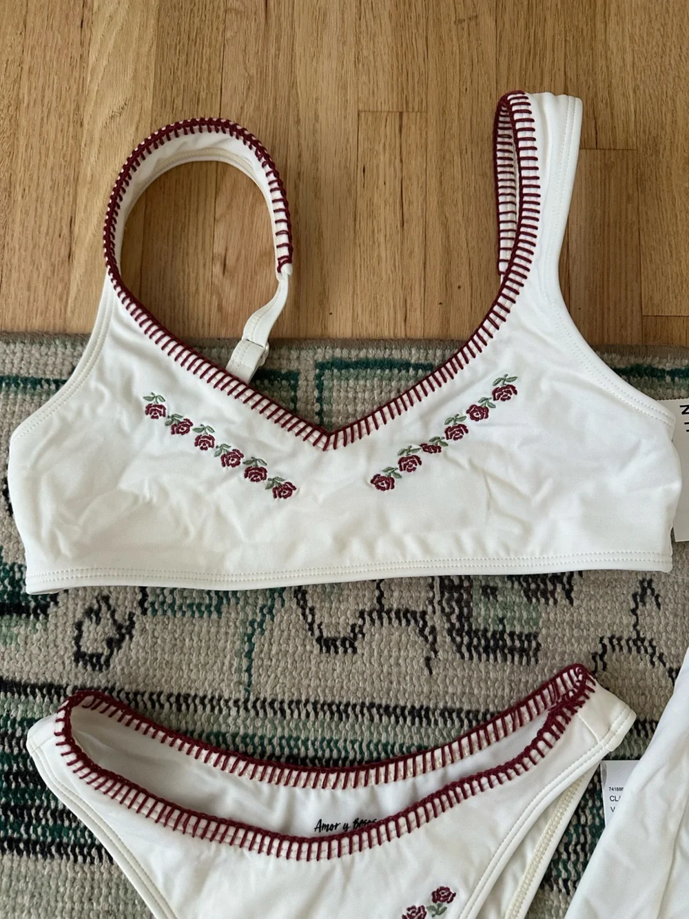 NWT PacSun Amor y Besos Off White Bikini Set with Skirt and Red Stitching - Picture 4 of 7